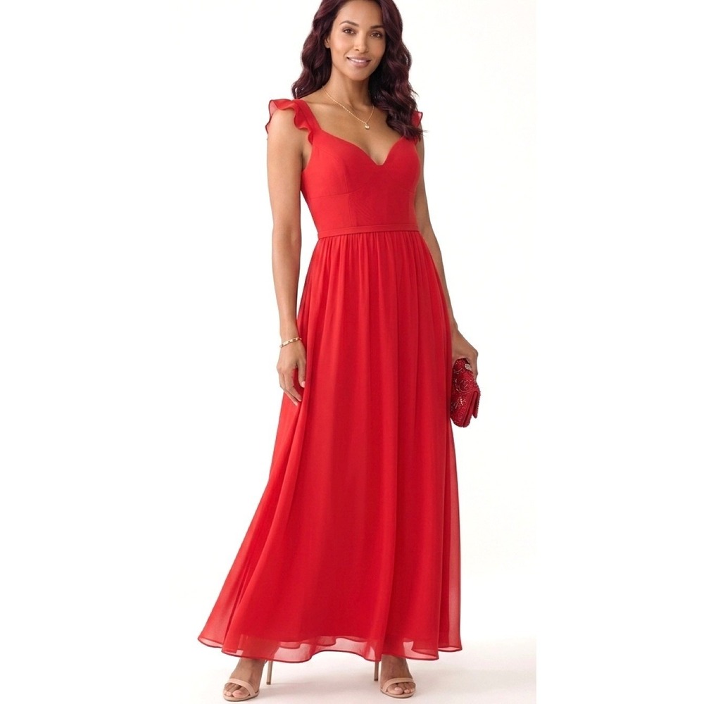 Azazie Red Chiffon Ruffle Sleeve V-Neck Maxi Dress Formal Gown A14‎